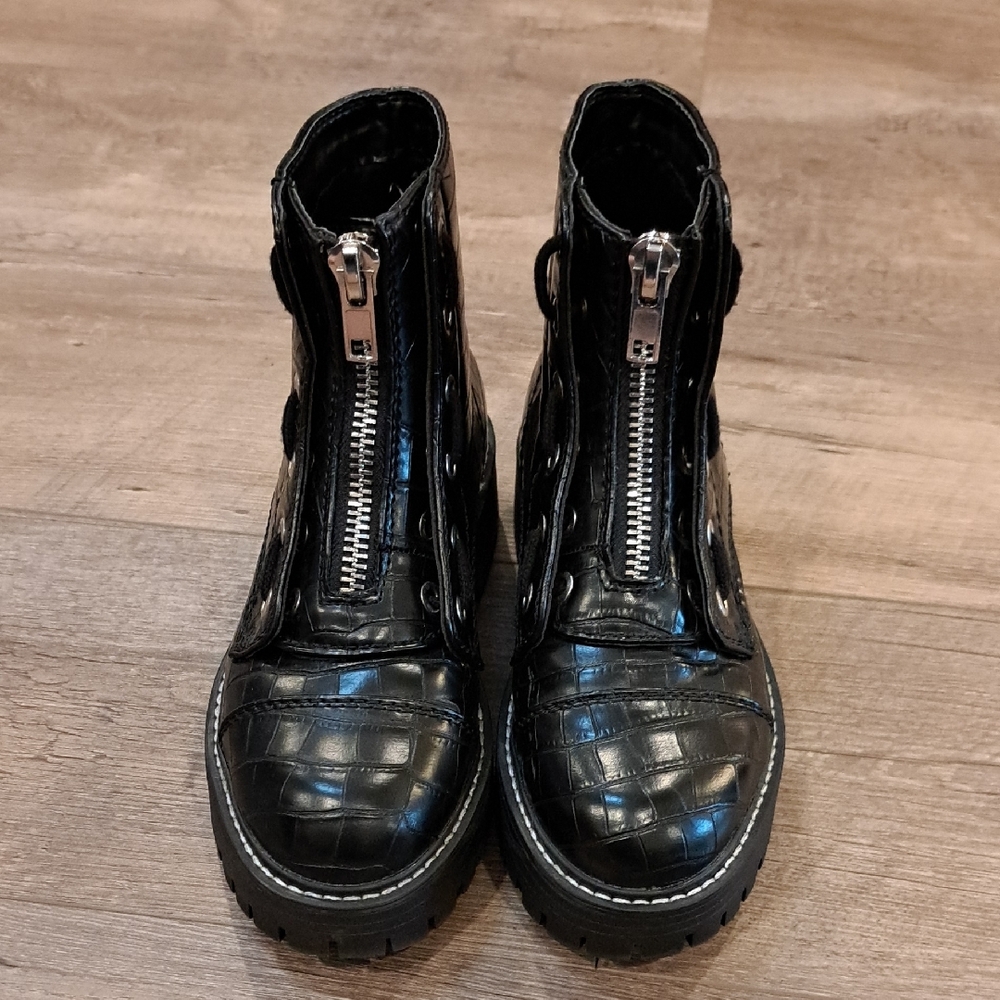 Sugar Black Croc-Embossed Heeled Boots